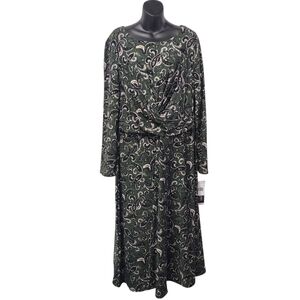 Perceptions New York Paisley Print Long Sleeve Midi Dress Green Black Sz XL NWT